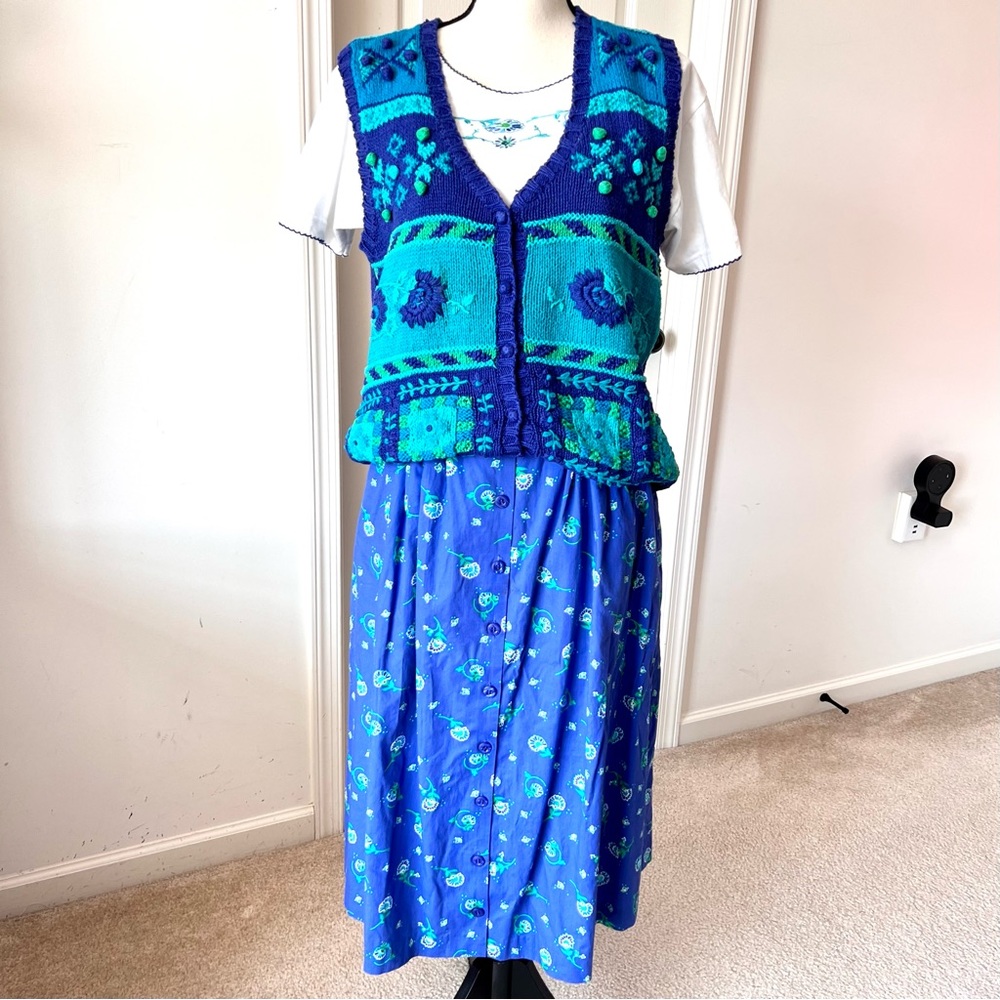 Vintage GINA PETERS 3-Piece Embroidered Sleeveless Cardigan Skirt Set—SZ. M/L